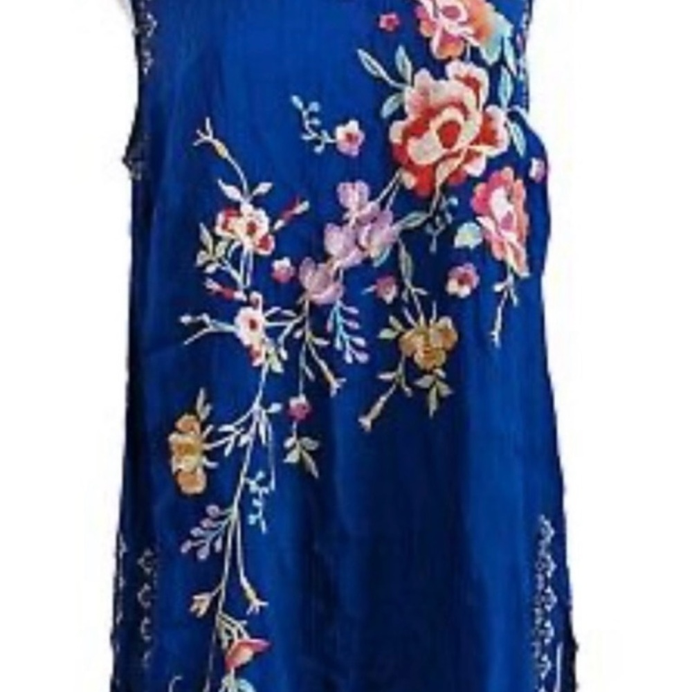 Jonny Was Size XL blue Embroidered Flowers+ sleeveless Tunic Top w/ Side Slits - Picture 3 of 9